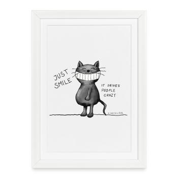 Il suffit de sourire! Ça rend les gens fous, chat, sourire - Affiche encadrée (27 × 37 cm) - blanc - Devant