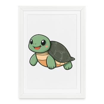 Tortue heureuse mignonne - dessin animé adorable et joyeux - Affiche encadrée (27 × 37 cm) - blanc - Devant