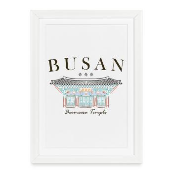 Busan, Corée du Sud, Temple dessiné à la main - Affiche encadrée (27 × 37 cm) - blanc - Devant
