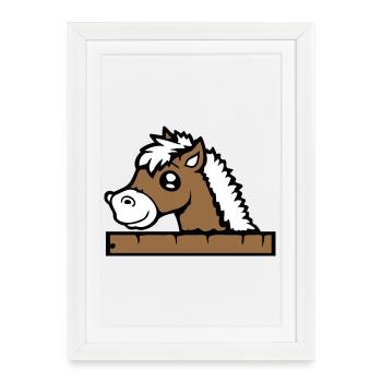 cheval caché derrière une clôture, un mur en bois, une porte d'écurie - Affiche encadrée (27 × 37 cm) - blanc - Devant