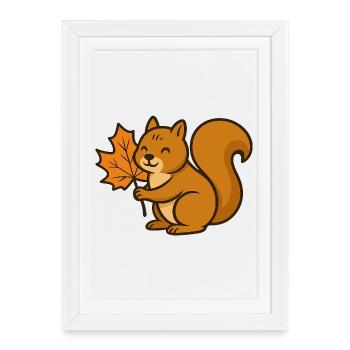 Écureuil mignon avec dessin animé de feuille d’automne - Affiche encadrée (27 × 37 cm) - blanc - Devant