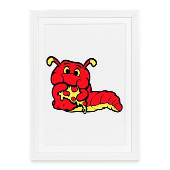 Chenille ver Happy Eating Pizza Salami Restauration rapide - Affiche encadrée (27 × 37 cm) - blanc - Devant