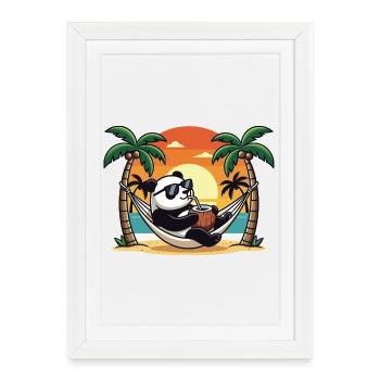 Vacances d’été du panda drôle sur le hamac de la plage - Affiche encadrée (27 × 37 cm) - blanc - Devant