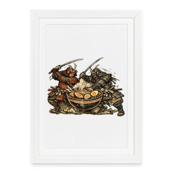 Nouilles ramen : Bataille des samouraïs japonais cool - Affiche encadrée (27 × 37 cm) - blanc - Devant