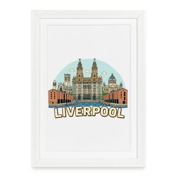 Esquisse rétro du bâtiment du Liver au Liverpool Albert Dock - Affiche encadrée (27 × 37 cm) - blanc - Devant