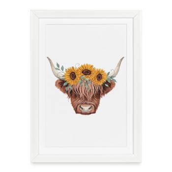 Vache des Highlands couronne de tournesol - Affiche encadrée (27 × 37 cm) - blanc - Devant