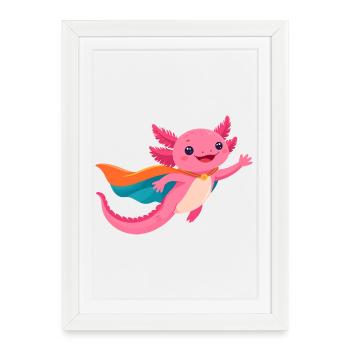 Axolotl Kawaii rose en super-héros volant – mignon - Affiche encadrée (27 × 37 cm) - blanc - Devant