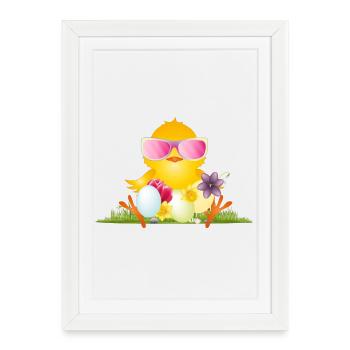 fluffy chick with Easter eggs and pink glasses - Framed poster (27 × 37 cm) - white - Front