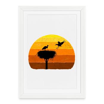 Cigogne, Nid, Cigognes, Vol d’oiseau au coucher du soleil - Affiche encadrée (27 × 37 cm) - blanc - Devant
