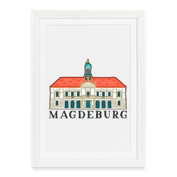 Magdebourg, Ancien Hôtel de Ville, Allemagne Dessin - Affiche encadrée (27 × 37 cm) - blanc - Devant