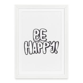 Motif typographique Be Happy - Affiche encadrée (27 × 37 cm) - blanc - Devant