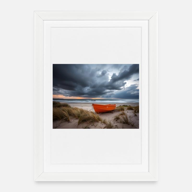 Orangefarbenes Boot auf der stürmischen Küste - Gerahmtes Poster (27 × 37 cm) - Weiß