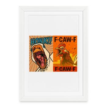 Duo de coqs klaxonnant et croa, drôle d’oie et de poulet - Affiche encadrée (27 × 37 cm) - blanc - Devant