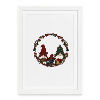 Gnome avec chat dans la couronne de Noël - Affiche encadrée (27 × 37 cm) - blanc - Devant