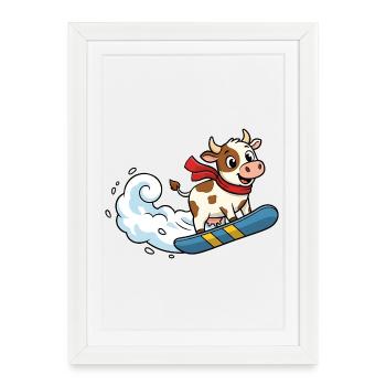 Snowboard Cow Cartoon Funny Winter Cow - Framed poster (27 × 37 cm) - white - Front