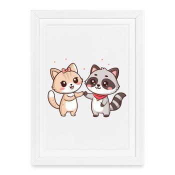 Kawaii Friendship: Cat and Raccoon - Framed poster (27 × 37 cm) - white - Front