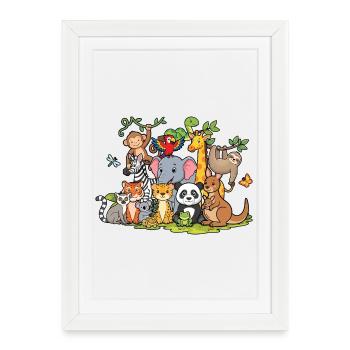 Fête du zoo des animaux mignons Jungle Zoo Anniversaire - Affiche encadrée (27 × 37 cm) - blanc - Devant