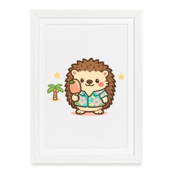 Hérisson Kawaii en chemise hawaïenne - Affiche encadrée (27 × 37 cm) - blanc - Devant