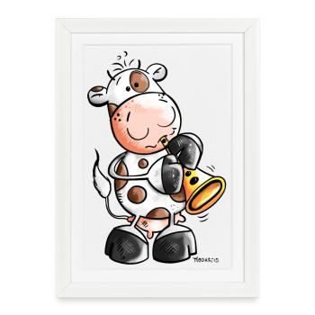 Vache avec trompette - Affiche encadrée (27 × 37 cm) - blanc - Devant