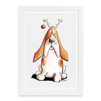 Basset Hound fête Noël I chien cadeau - Affiche encadrée (27 × 37 cm) - blanc - Devant