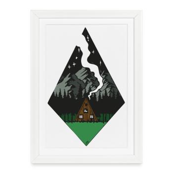 Cabane au pied des montagnes nocturnes - Affiche encadrée (27 × 37 cm) - blanc - Devant