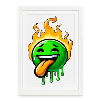 Drôle de smiley vert avec du feu - Affiche encadrée (27 × 37 cm) - blanc - Devant
