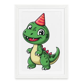 Dinosaure mignon avec chapeau de fête - Amusant et ludique - Affiche encadrée (27 × 37 cm) - blanc - Devant