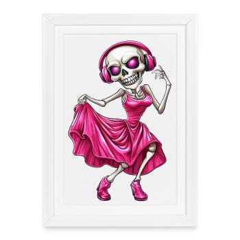 Crazy skeleton in pink dress and headphones :) - Framed poster (27 × 37 cm) - white - Front