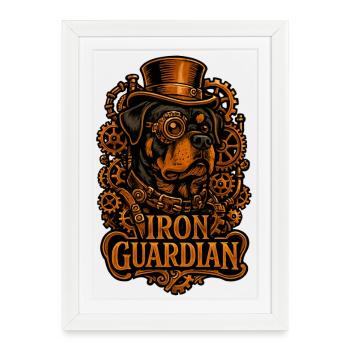 Chien rottweiler steampunk Gardien de Fer - Affiche encadrée (27 × 37 cm) - blanc - Devant