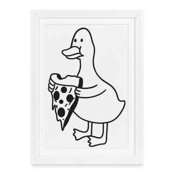 Croquis de canard avec pizza - Dessin animé drôle d’animal - Affiche encadrée (27 × 37 cm) - blanc - Devant