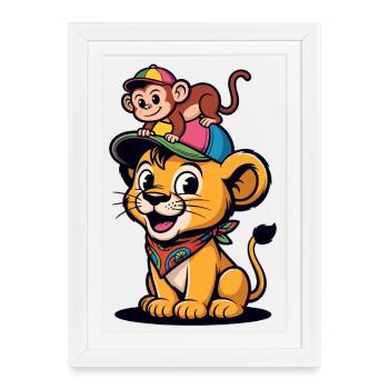 Lion et Singe mignons – Meilleurs amis - Affiche encadrée (27 × 37 cm) - blanc - Devant