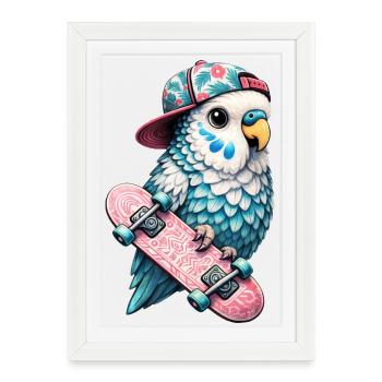 Oiseau Skateboard Cool avec Casquette – Streetstyle Desi - Affiche encadrée (27 × 37 cm) - blanc - Devant