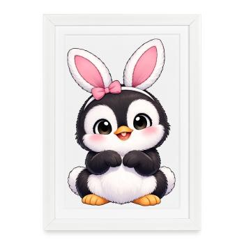 Petit œuf de Pâques avec des oreilles de lapin de lapin, dessin animé pingouin mignon - Affiche encadrée (27 × 37 cm) - blanc - Devant