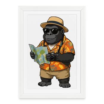 Voyageur Gorille en chemise hawaïenne - Affiche encadrée (27 × 37 cm) - blanc - Devant