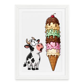 Vache émerveillée par la tour de glace - Affiche encadrée (27 × 37 cm) - blanc - Devant