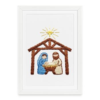 Crèche brodée – histoire de Noël (imprimée) - Affiche encadrée (27 × 37 cm) - blanc - Devant