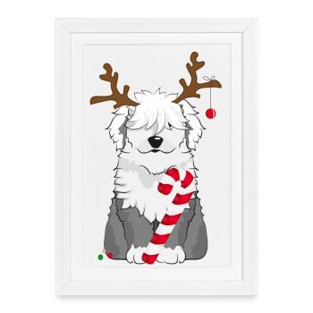 Chien bobtail avec canne à sucre et bois de renne - Affiche encadrée (27 × 37 cm) - blanc - Devant