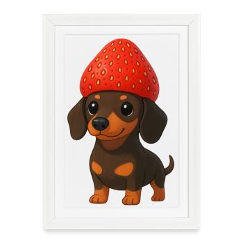 Funny Dachshund with Strawberries and Hat Fruity - Framed poster (27 × 37 cm) - white - Front