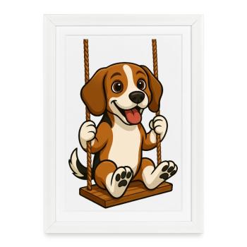 Chien beagle joyeux sur l’aire de jeux de la balançoire - Affiche encadrée (27 × 37 cm) - blanc - Devant