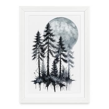 Forêt au clair de lune, Aquarelle, Silhouette - Affiche encadrée (27 × 37 cm) - blanc - Devant