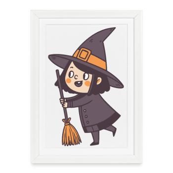 Sorcière Joyeuse au Balai Orange - Affiche encadrée (27 × 37 cm) - blanc - Devant