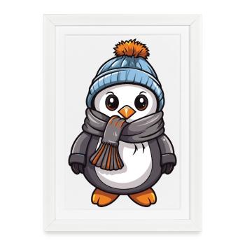 Pingouin Bande dessinée Mignon Hiver - Affiche encadrée (27 × 37 cm) - blanc - Devant