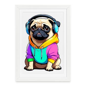 Pug with headphones and clothes - Framed poster (27 × 37 cm) - white - Front