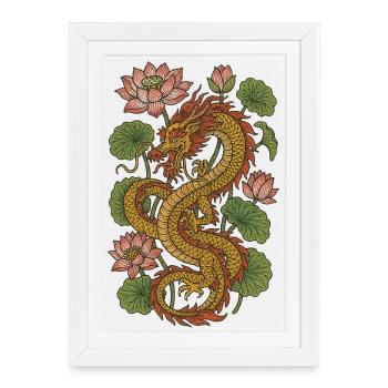 Golden Dragon Among Lotus - Framed poster (27 × 37 cm) - white - Front