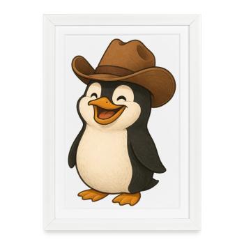 Mignon manchot chapeau de cowboy texan drôle aux États-Unis - Affiche encadrée (27 × 37 cm) - blanc - Devant
