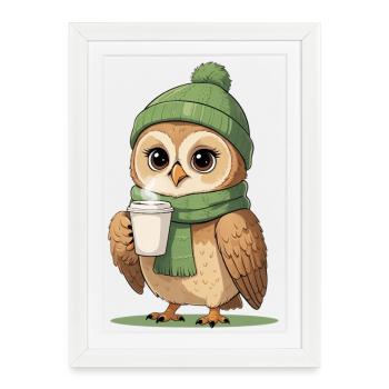Pause café Winter Owl - Affiche encadrée (27 × 37 cm) - blanc - Devant