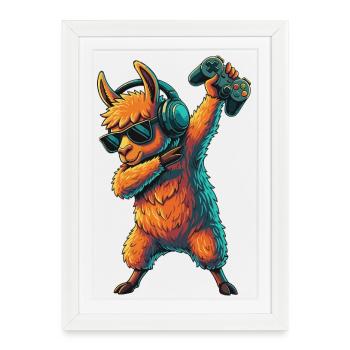 Gamer Llama Alpaga jouant à des jeux vidéo Art - Affiche encadrée (27 × 37 cm) - blanc - Devant