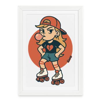 Fille patineuse à roulettes avec du chewing-gum - Affiche encadrée (27 × 37 cm) - blanc - Devant