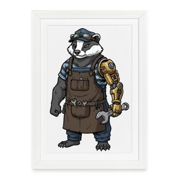 Blaireau Mécanicien Steampunk Bras Bionique - Affiche encadrée (27 × 37 cm) - blanc - Devant