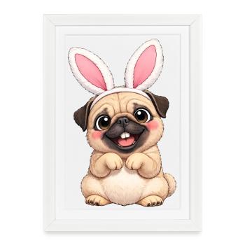 Petit chien carlin mignon avec des oreilles de lapin dessin animé de Pâques - Affiche encadrée (27 × 37 cm) - blanc - Devant